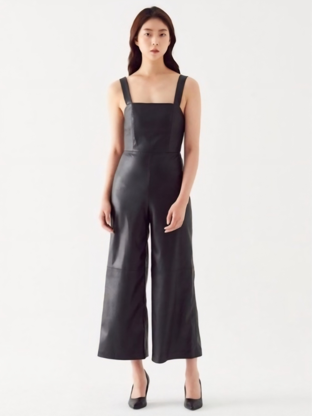 Alice + Olivia Avelina Black Faux Leather Square-Neck Wide-Leg Jumpsuit